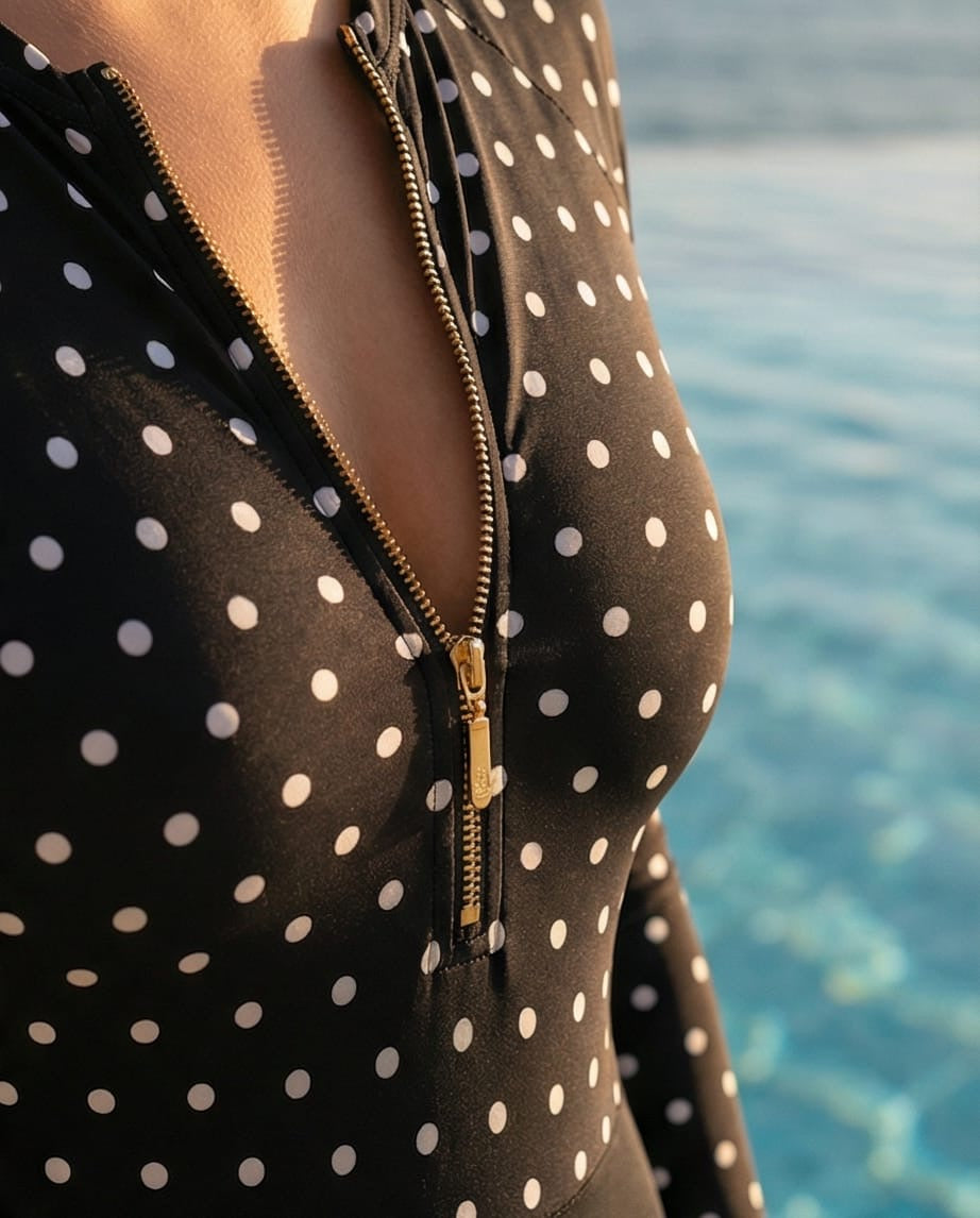 בגד ים שלם שרוול ארוך עם רוכסן דגם בהאמס הדפס נקודות שחור