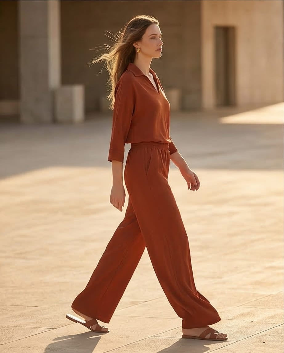 מכנס עם גומי בשילוב ויסקוזה ופשתן צבע קינמון