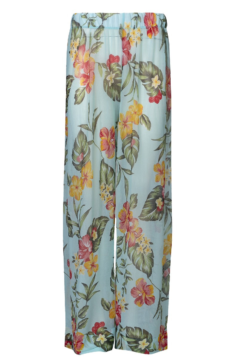 מכנס חוף איביזה- מכנס שיפון תכלת בהדפס קייצי מעל בגד ים