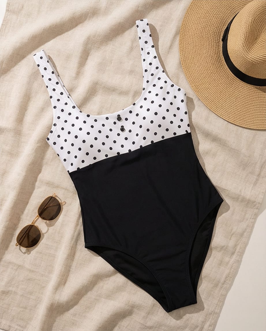 בגד ים שלם דגם פנמה הדפס נקודות / שחור