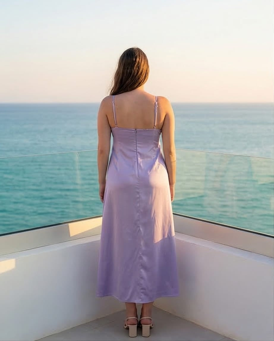 דגם סופיה -שמלת מקסי ויסקוזה משי עם כיווצים מחמיאים