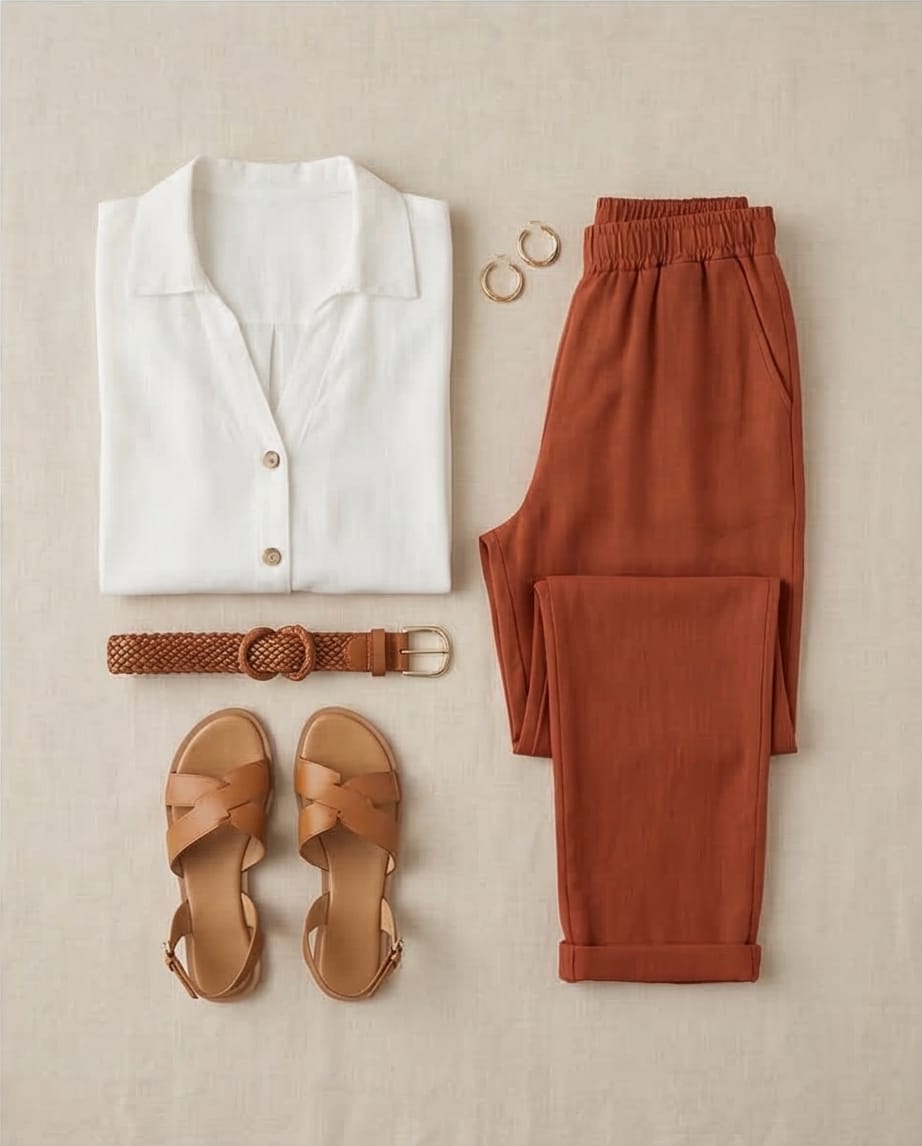 מכנס עם גומי בשילוב ויסקוזה ופשתן צבע קינמון