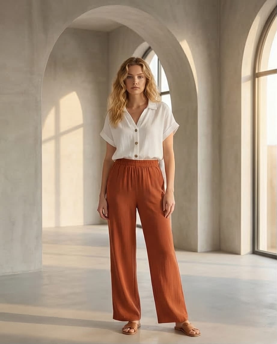 מכנס עם גומי בשילוב ויסקוזה ופשתן צבע קינמון