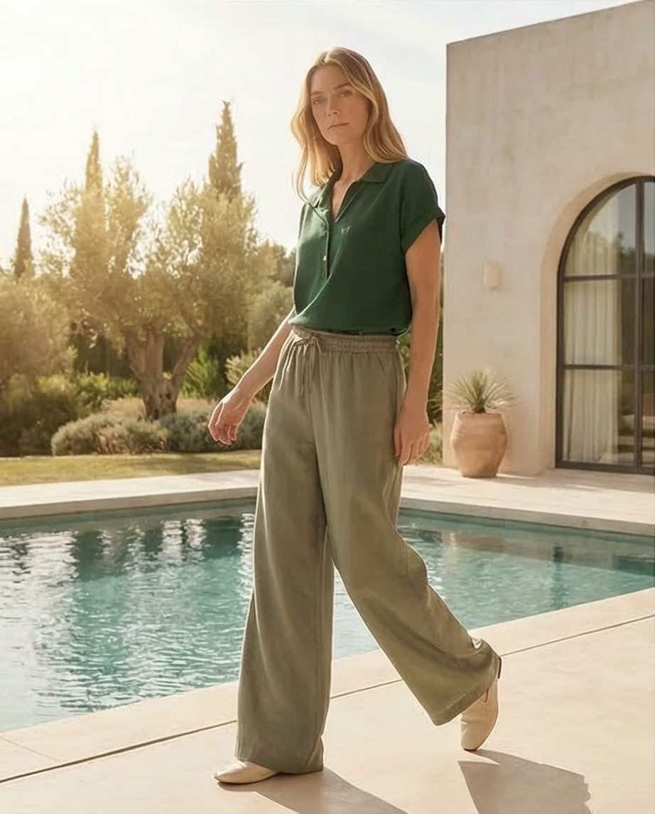 מכנס ארוך עם גומי 100% פשתן צבע ירוק