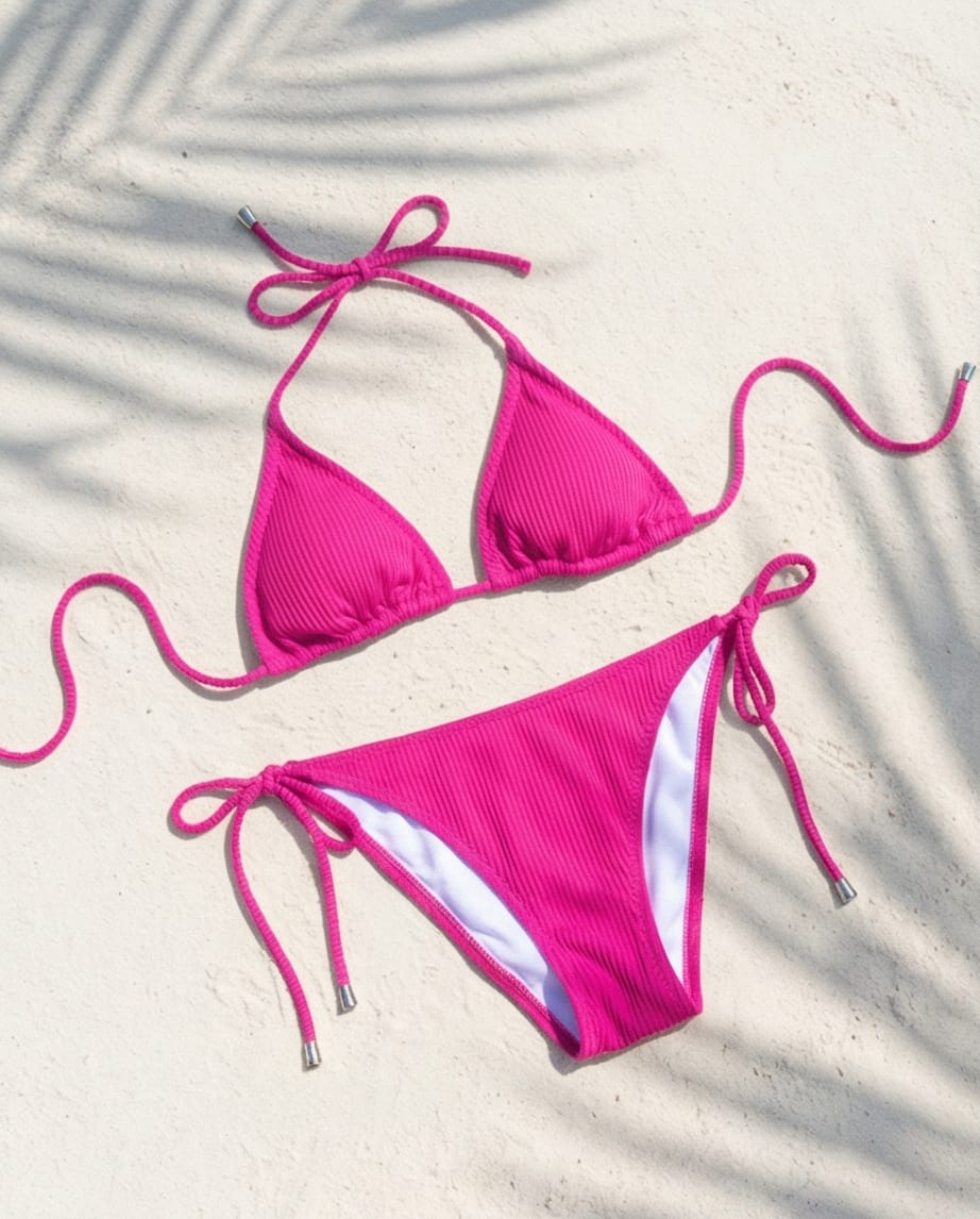 סט ביקיני קשירות צבע ורוד פסים
