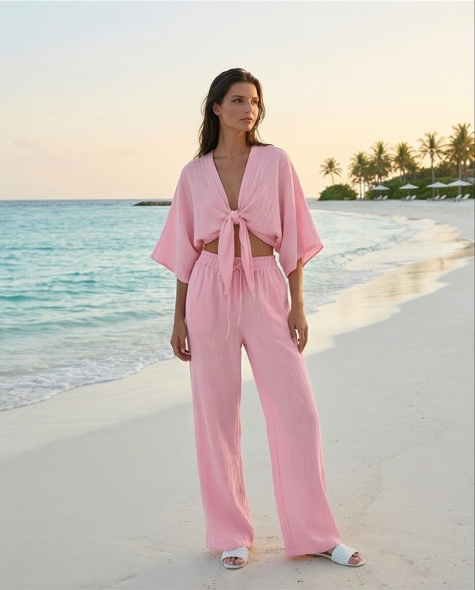 סט "סאנרייז" ורוד – חליפת חוף מבד טטרה אורגני