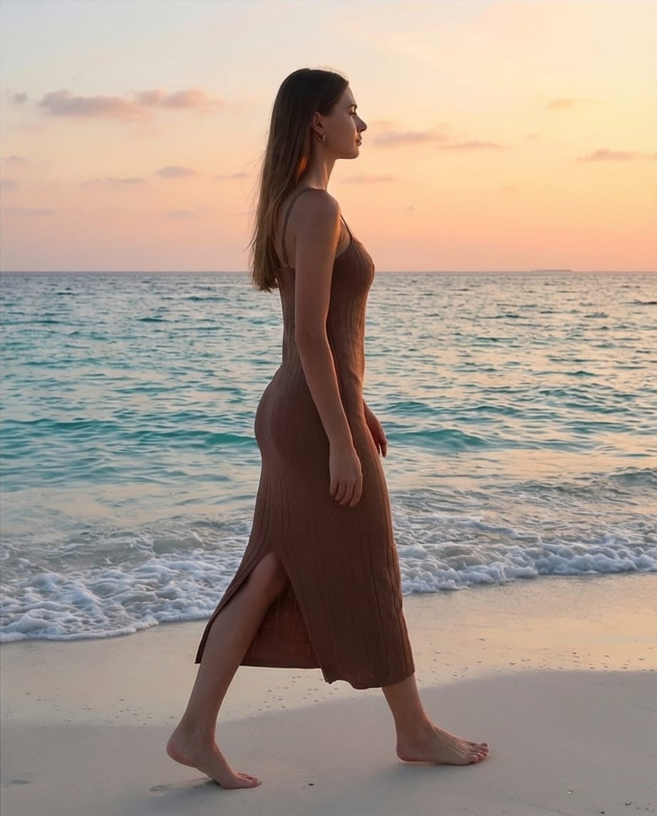 שמלת קולר מקסי עם קשירה – חום