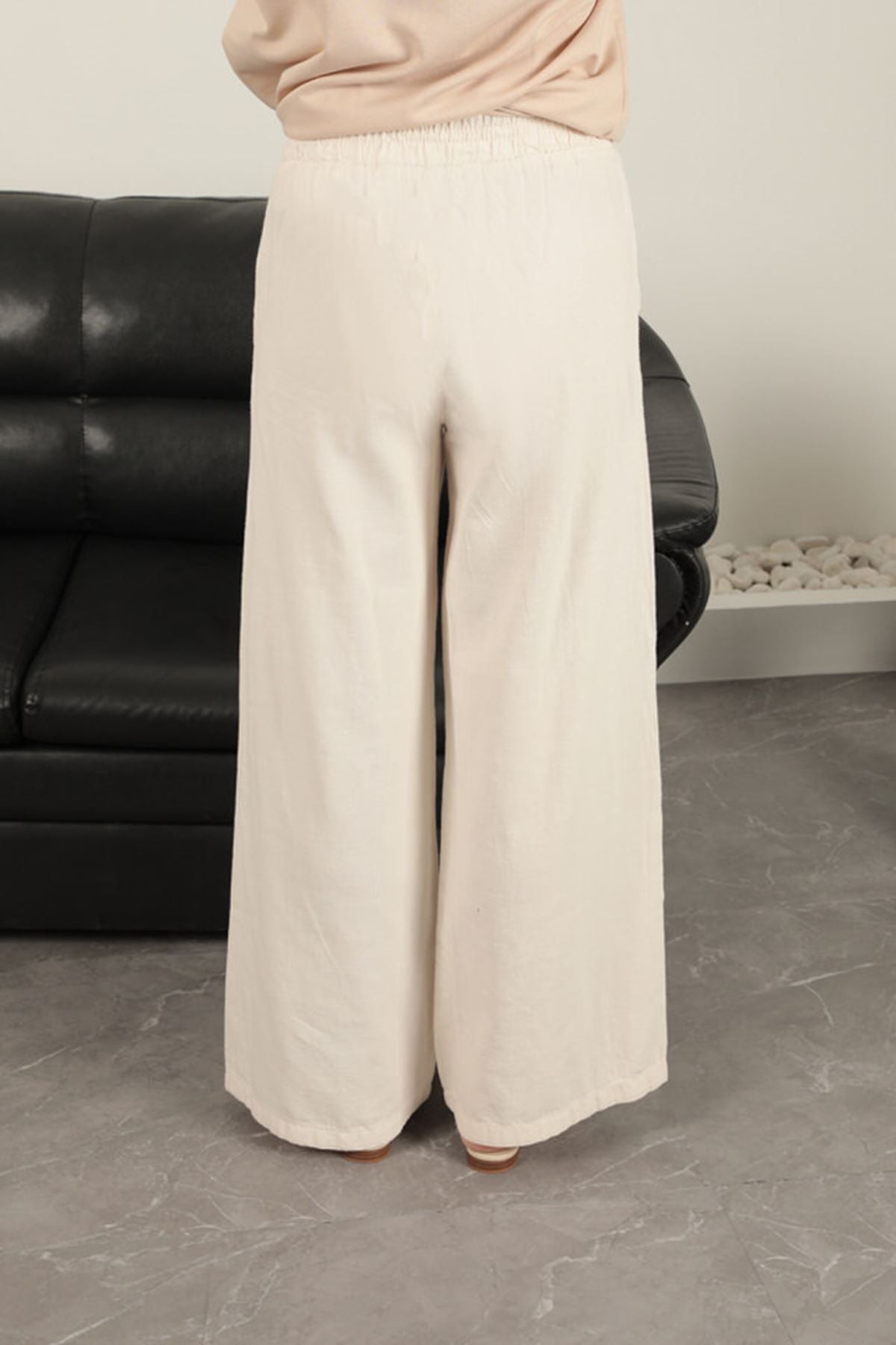 מכנס ארוך מבד פשתן - לבן
