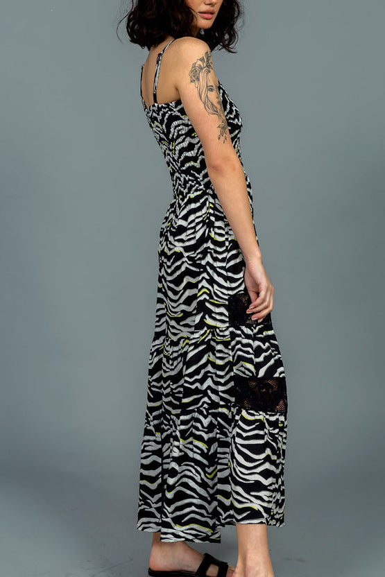 שמלת מקסי הדפס זברה 100% ויסקוזה איכותית בשילוב תחרה מידות 36-42