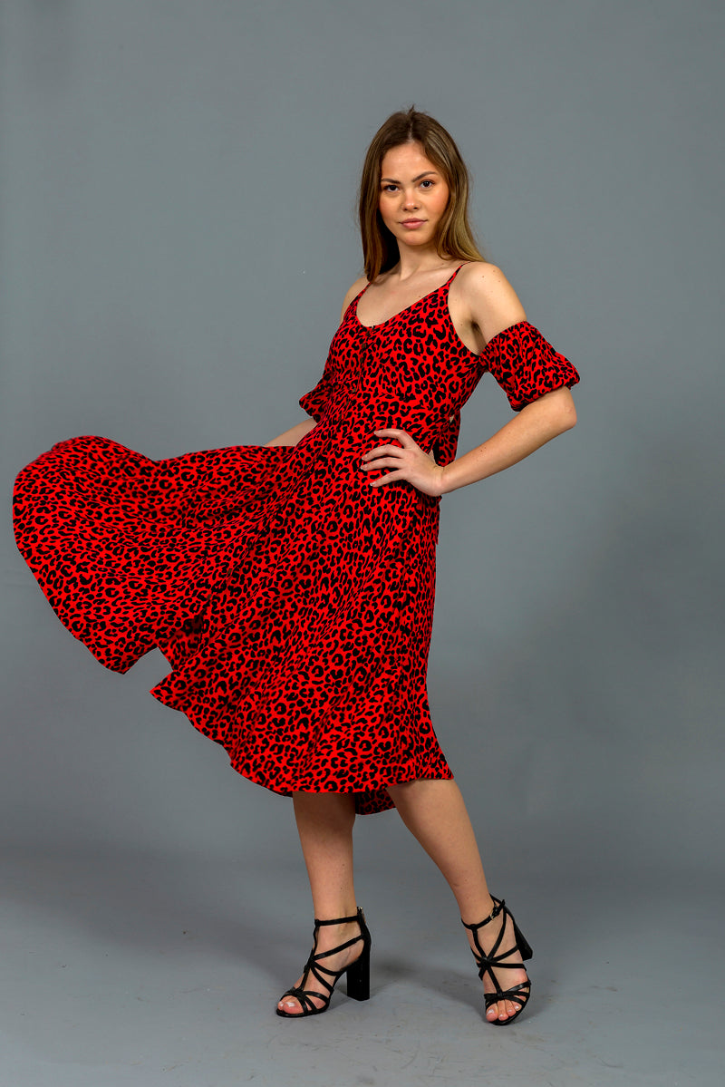 שמלת טייגר שרוולי פאף מנומר אדום