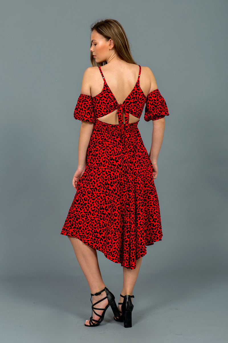 שמלת טייגר שרוולי פאף מנומר אדום