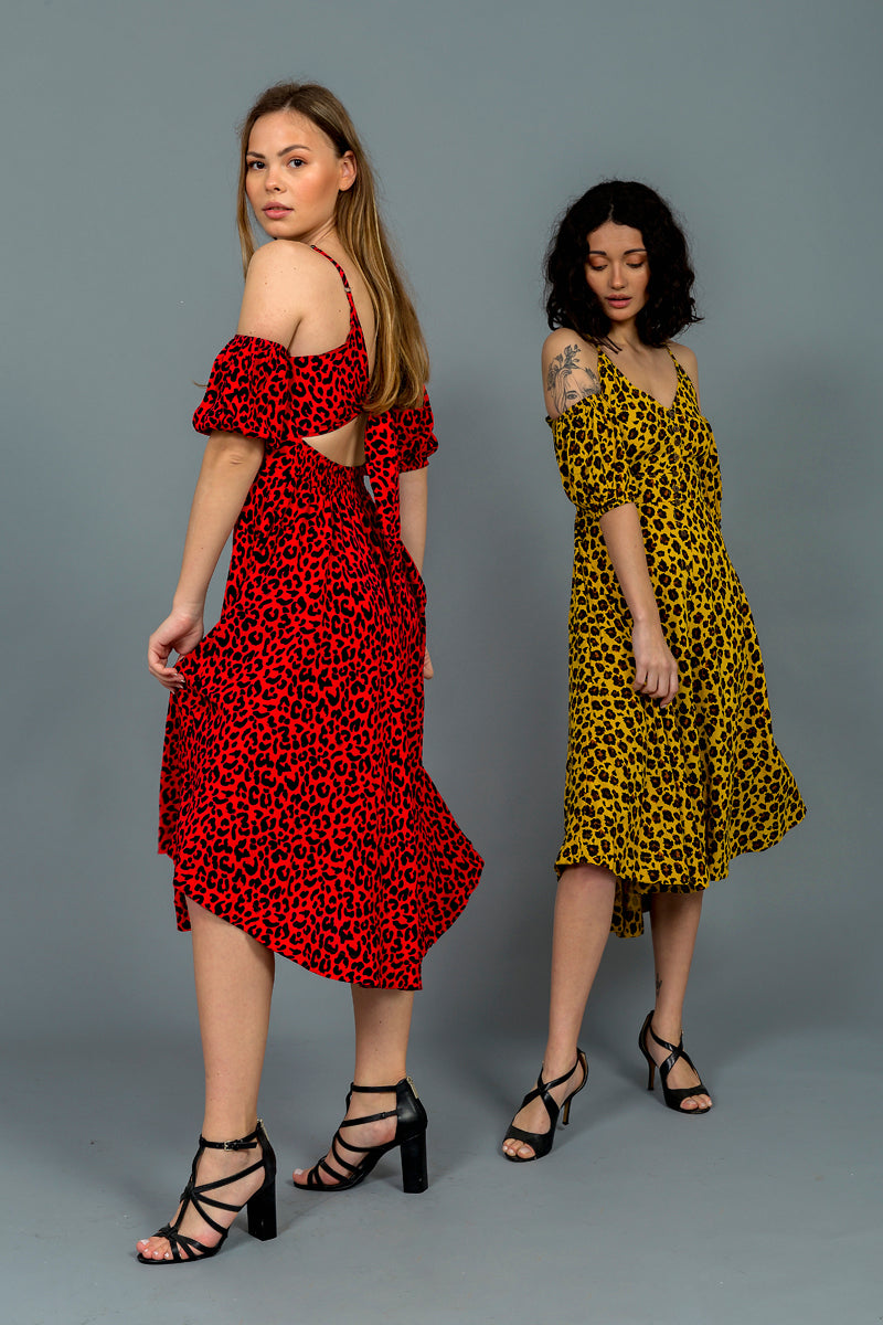 שמלת טייגר שרוולי פאף מנומר אדום