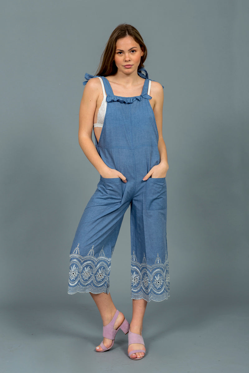 אוברול דגם רוקי צבע ג'ינס ברקמת תחרה