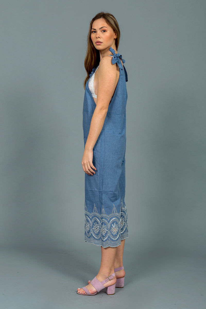 אוברול דגם רוקי צבע ג'ינס ברקמת תחרה