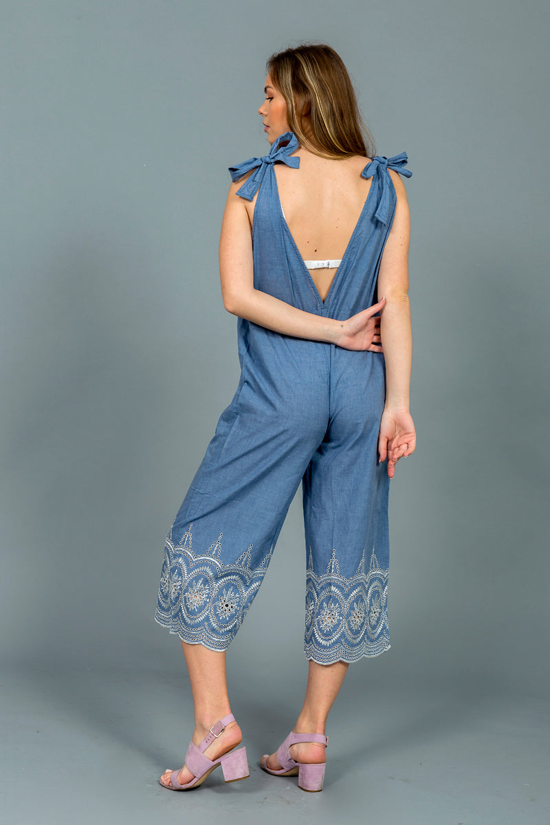 אוברול דגם רוקי צבע ג'ינס ברקמת תחרה