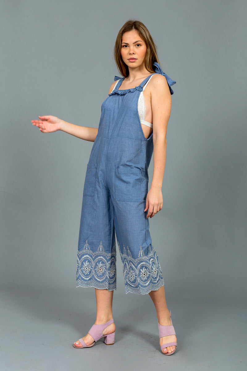 אוברול דגם רוקי צבע ג'ינס ברקמת תחרה