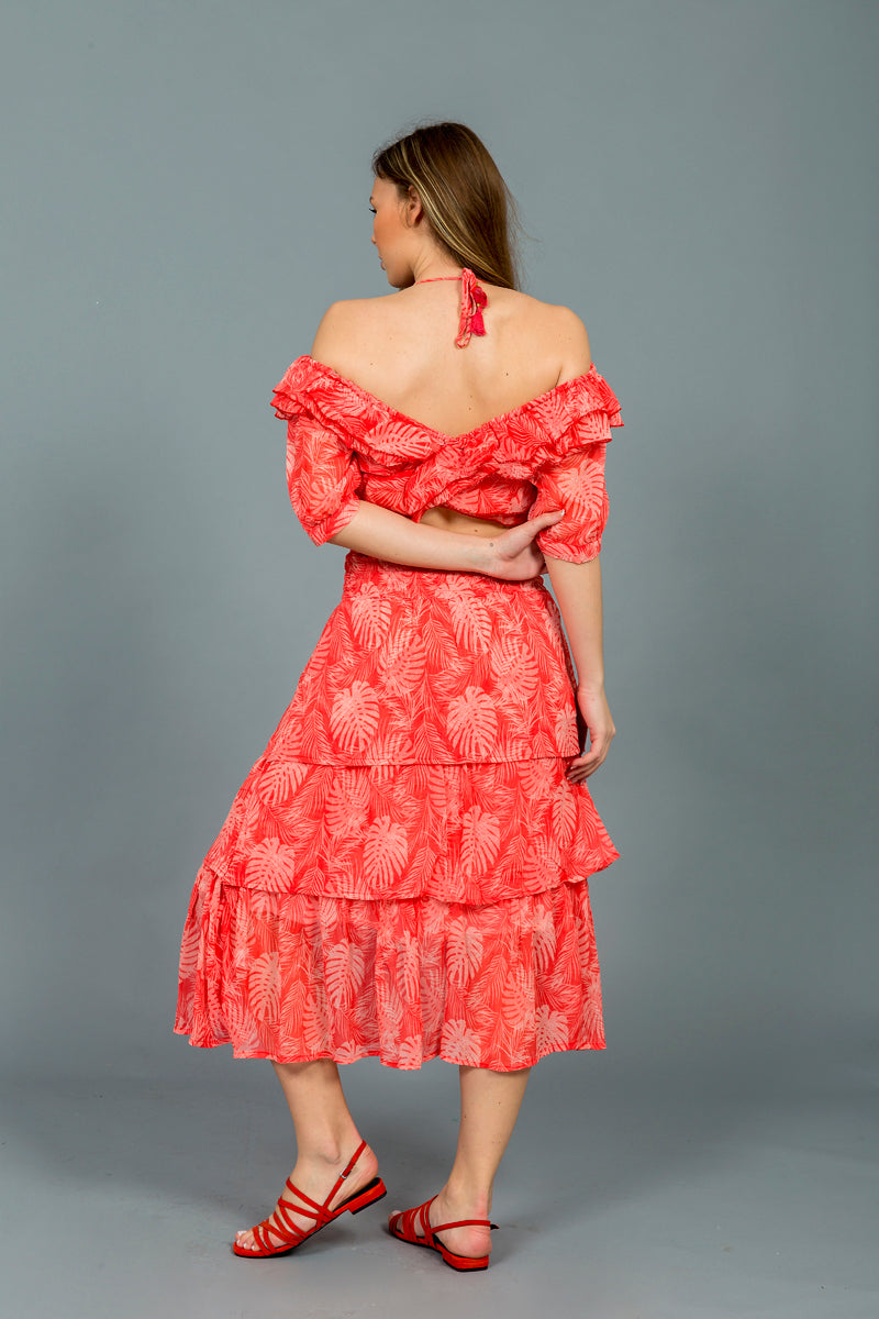 סט קיילי כתום עדין הדפס פרחים לבנים