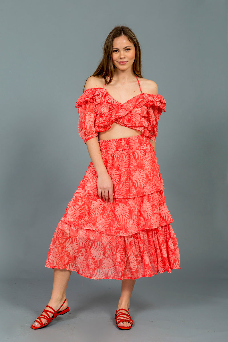 סט קיילי כתום עדין הדפס פרחים לבנים