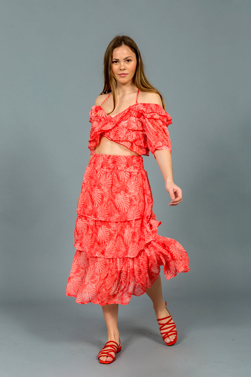 סט קיילי כתום עדין הדפס פרחים לבנים