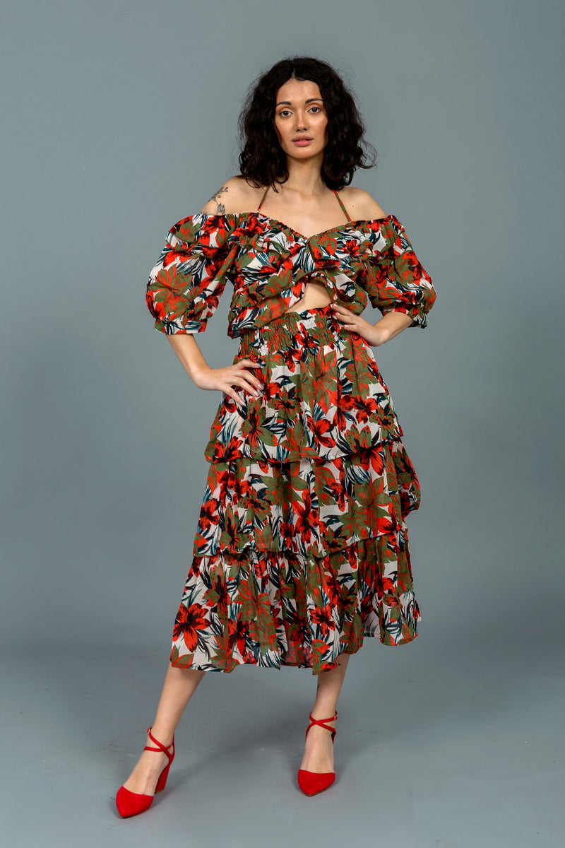 סט קיילי הדפס פרחים כתום ירוק זית