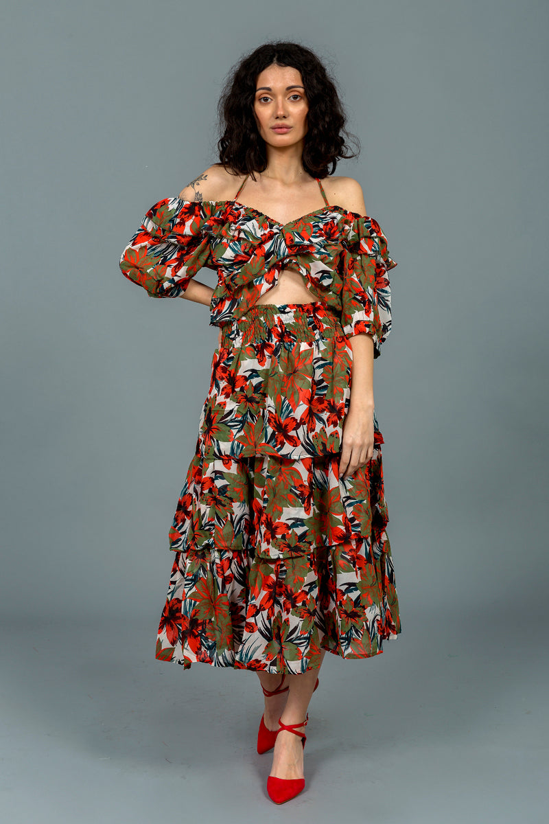 סט קיילי הדפס פרחים כתום ירוק זית