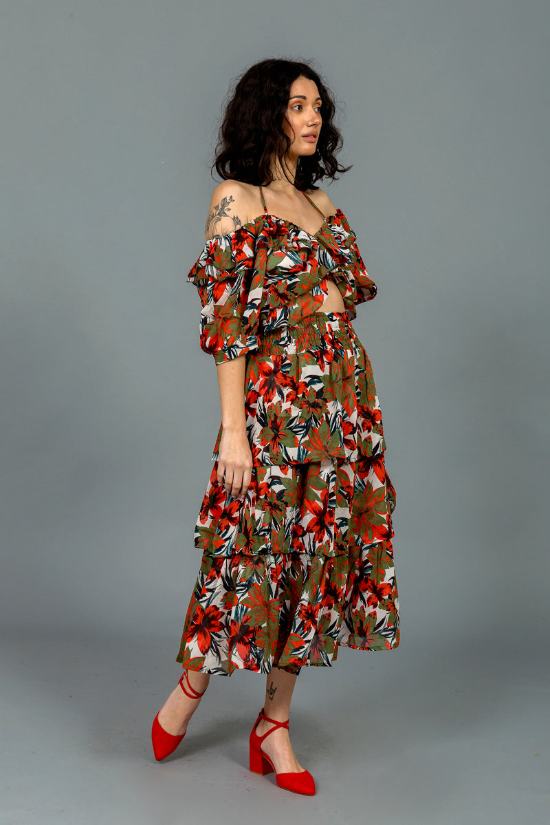 סט קיילי הדפס פרחים כתום ירוק זית