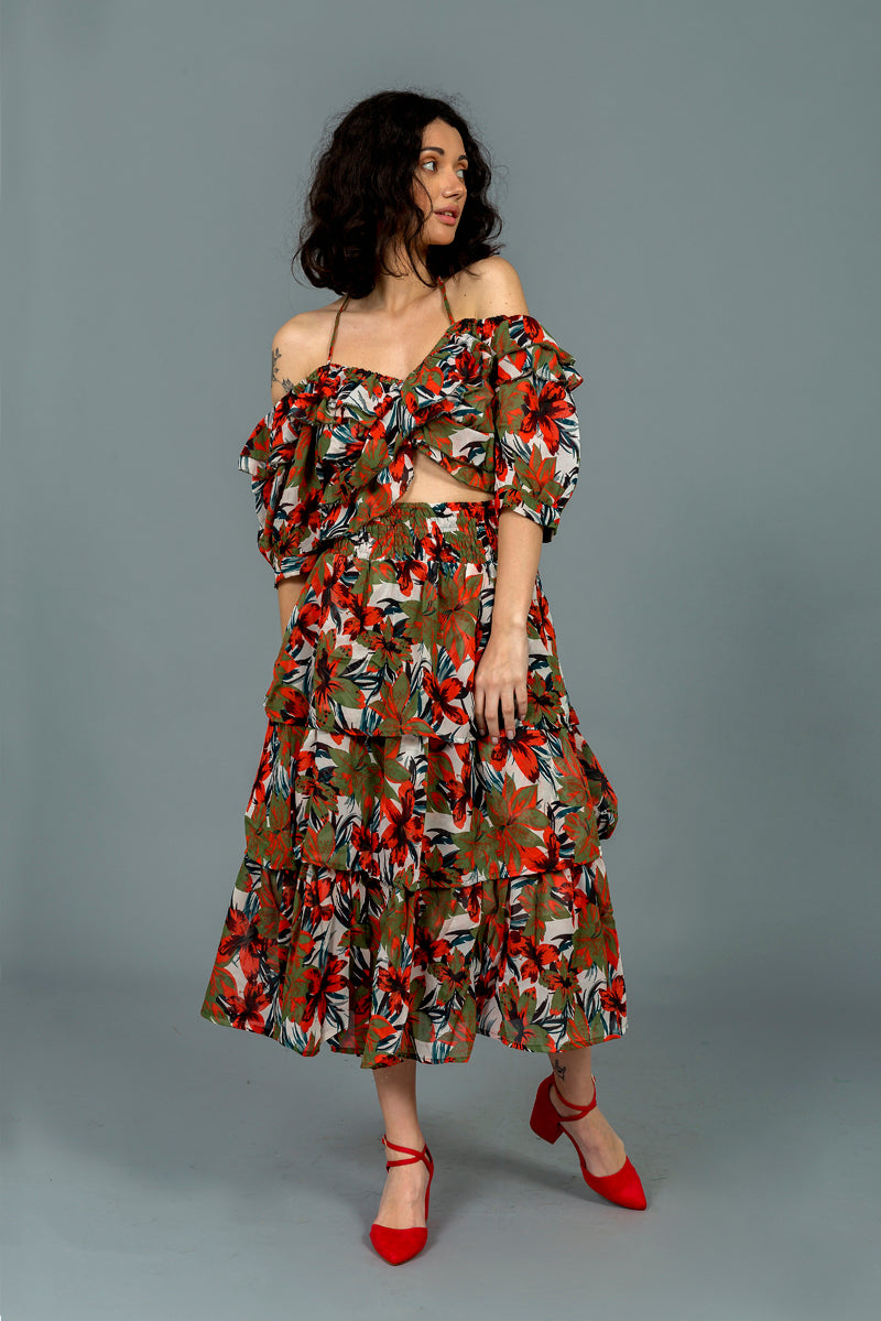 סט קיילי הדפס פרחים כתום ירוק זית