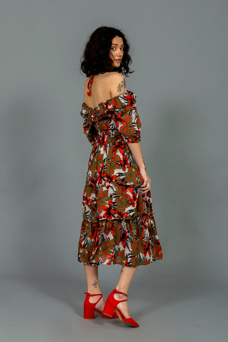 סט קיילי הדפס פרחים כתום ירוק זית