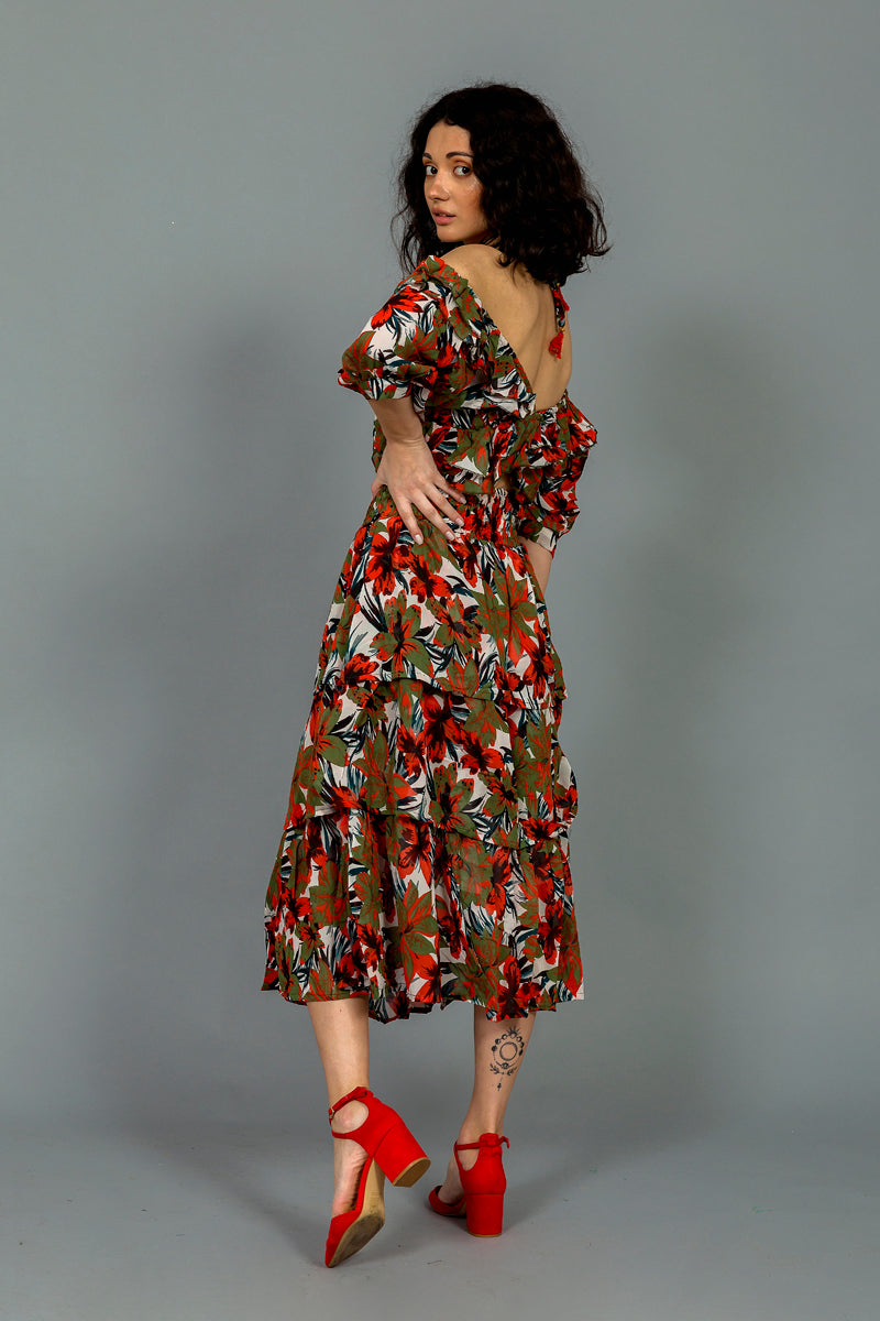 סט קיילי הדפס פרחים כתום ירוק זית