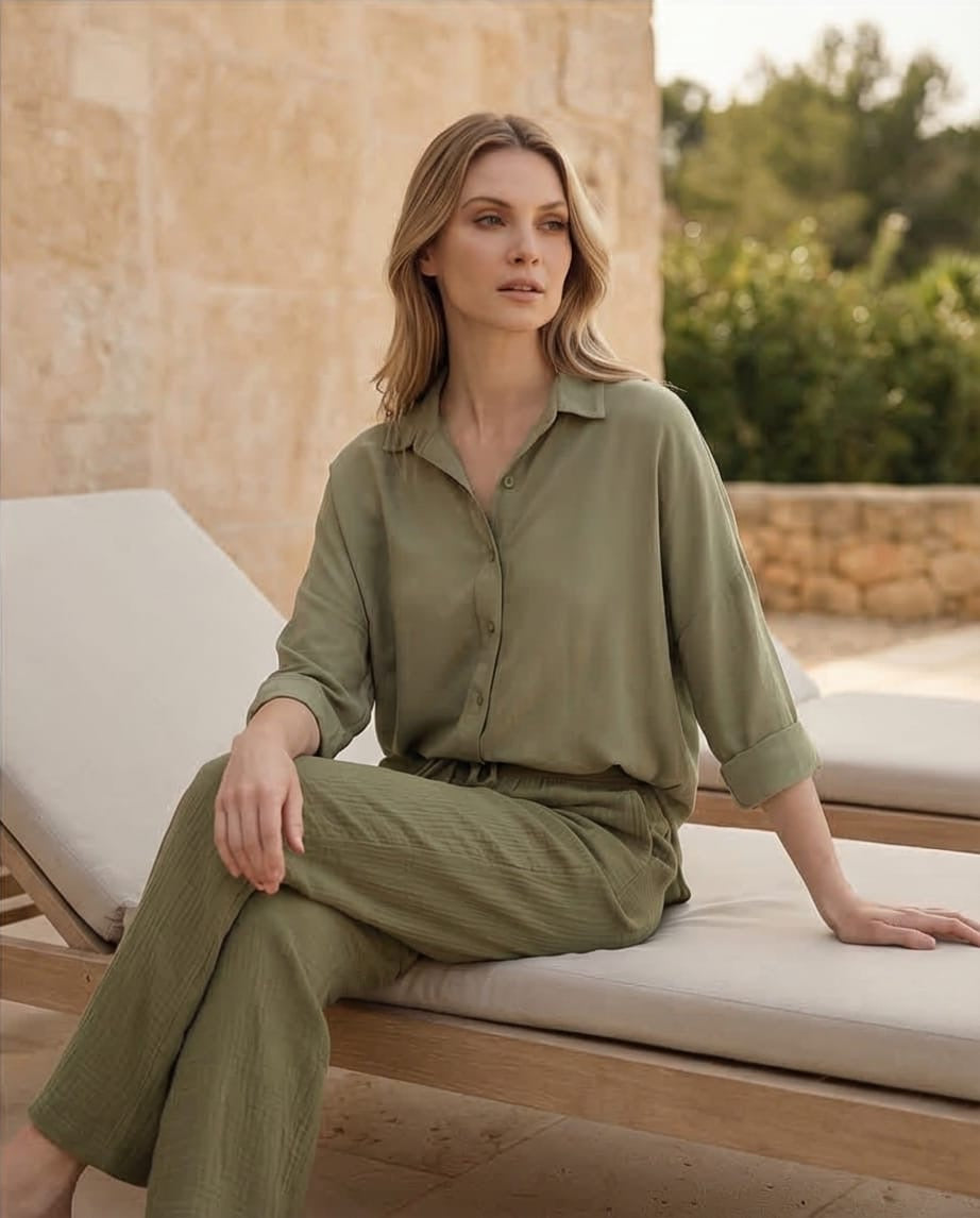 דגם אוליב- חולצה מכופתרת דקה מבד טבעי ויסקוזה רכה לקיץ