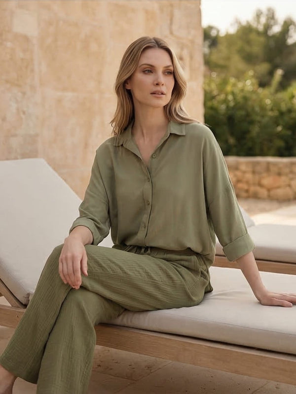 דגם אוליב- חולצה מכופתרת דקה מבד טבעי ויסקוזה רכה לקיץ