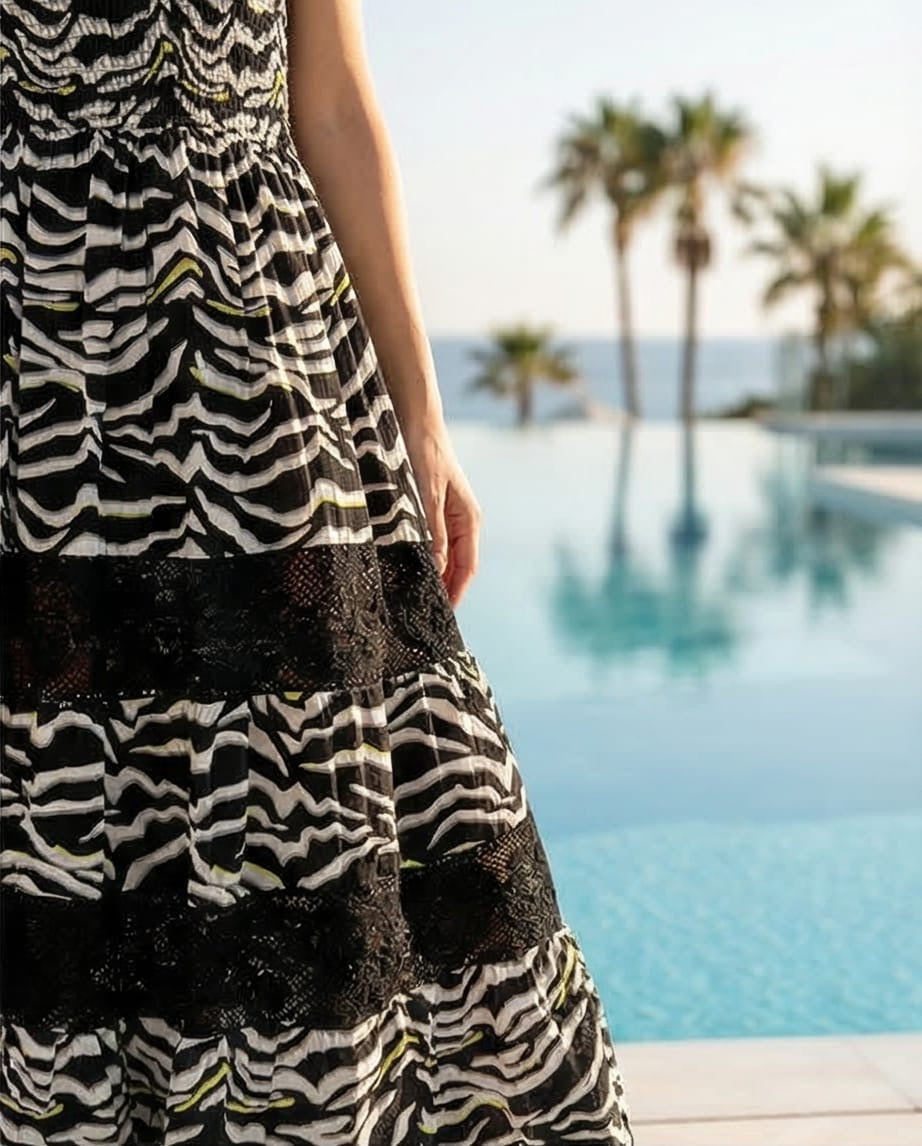 שמלה מקסי דגם זנזיבר-  100% ויסקוזה מודפס דגם זנזיבר מידות 36-42