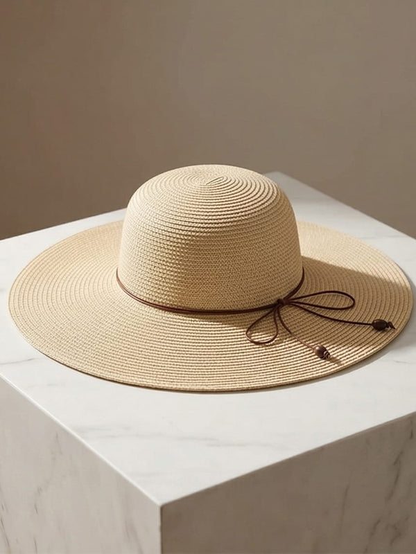 כובע קש רחב שוליים עם שרוך