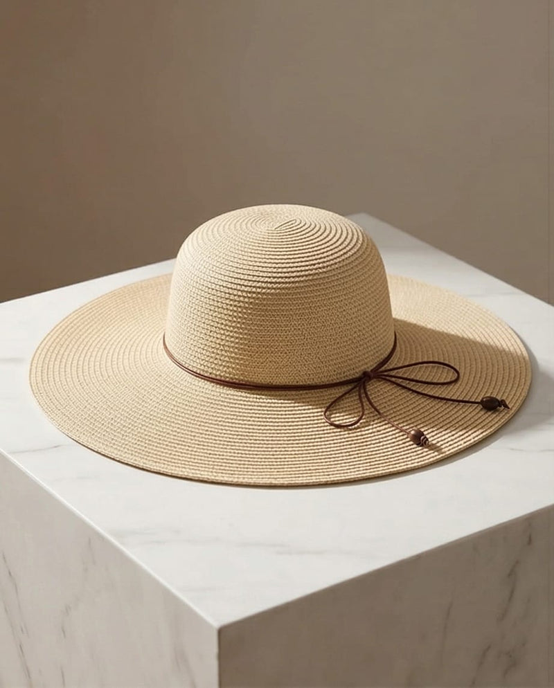 כובע קש רחב שוליים עם שרוך