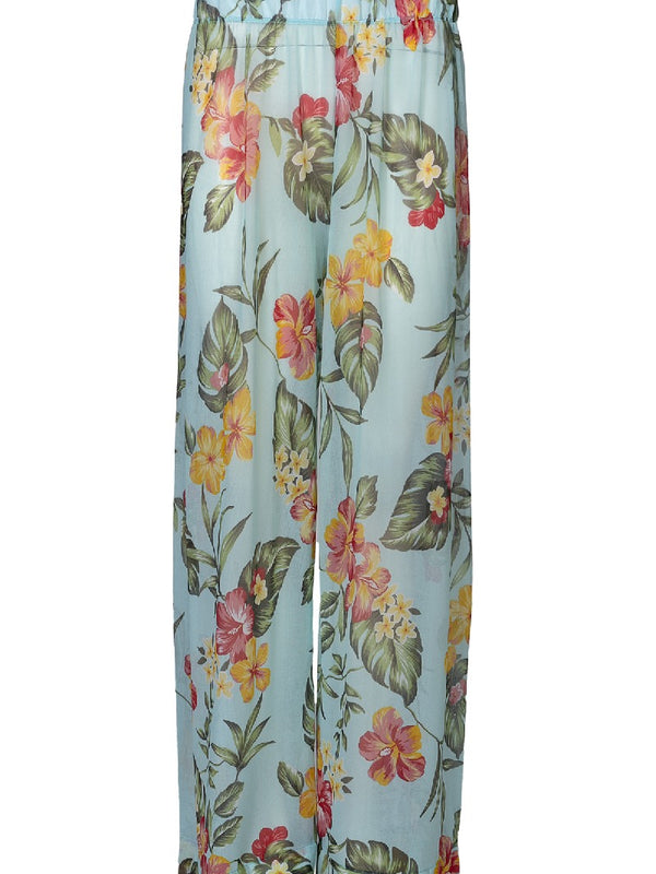 מכנס חוף איביזה- מכנס שיפון תכלת בהדפס קייצי מעל בגד ים