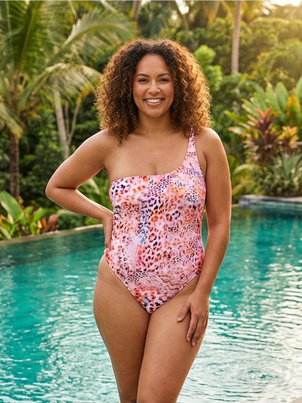 בגד ים שלם מחטב כתף אחת דגם זנזיבר הדפס ורוד