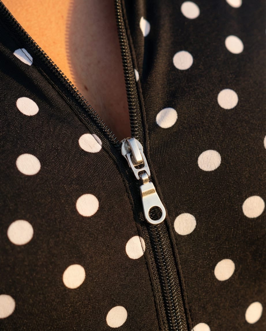 בגד ים שלם שרוול ארוך עם רוכסן דגם בהאמס הדפס נקודות שחור