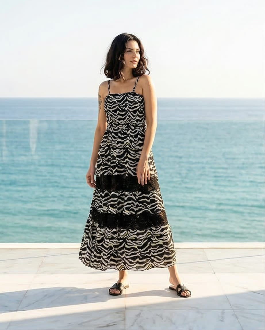 שמלה מקסי דגם זנזיבר-  100% ויסקוזה מודפס דגם זנזיבר מידות 36-42