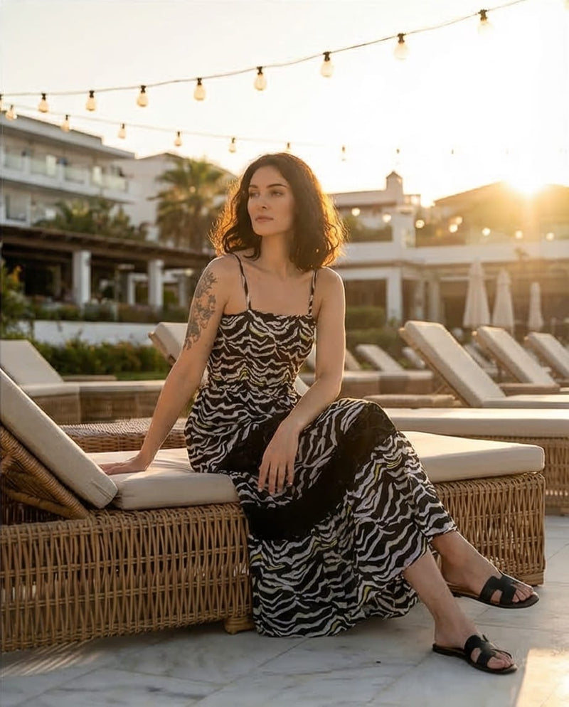 שמלה מקסי דגם זנזיבר-  100% ויסקוזה מודפס דגם זנזיבר מידות 36-42