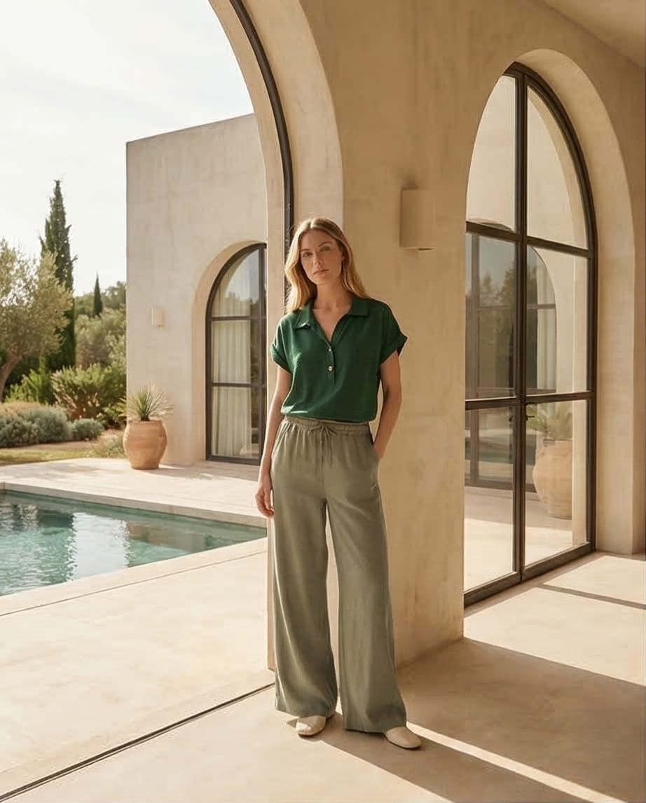 מכנס ארוך עם גומי 100% פשתן צבע ירוק