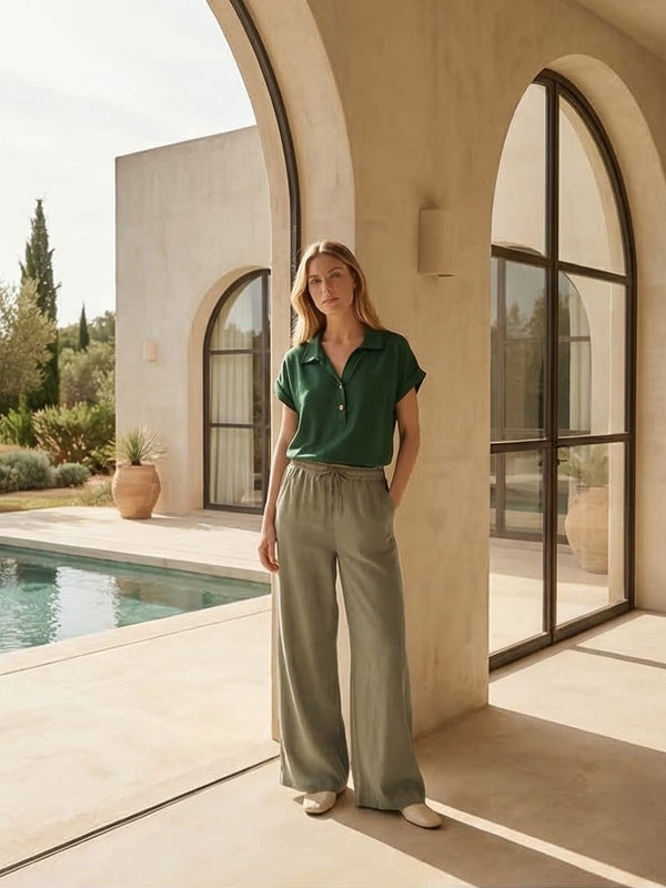 מכנס ארוך עם גומי 100% פשתן צבע ירוק