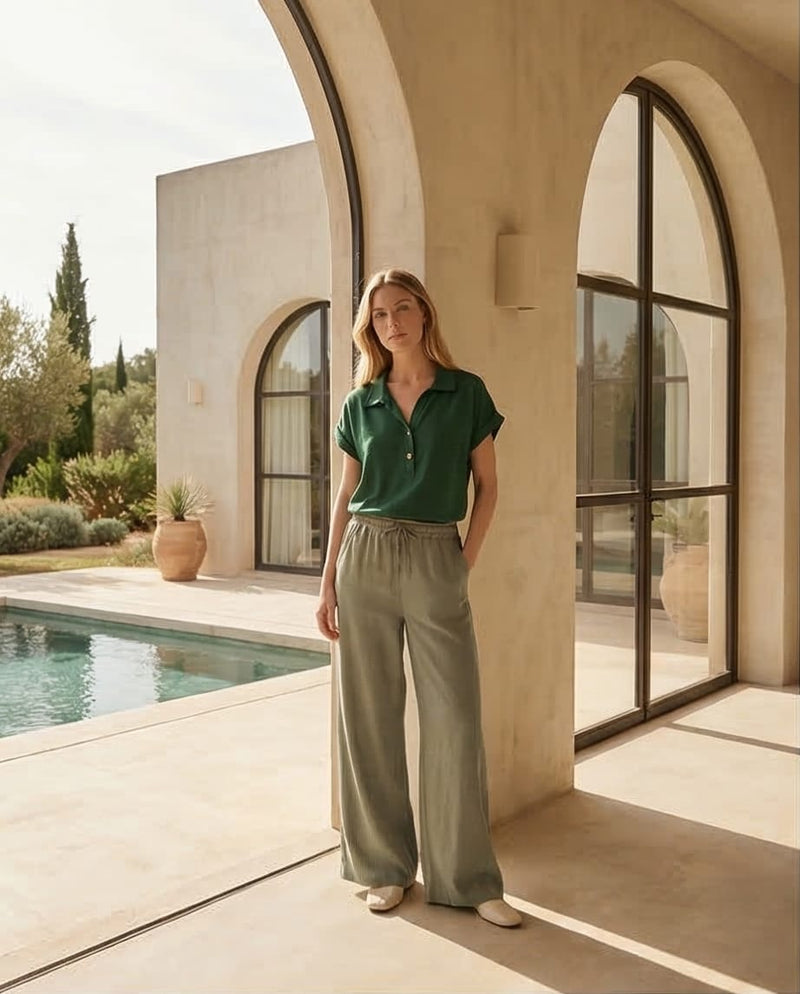 מכנס ארוך עם גומי 100% פשתן צבע ירוק