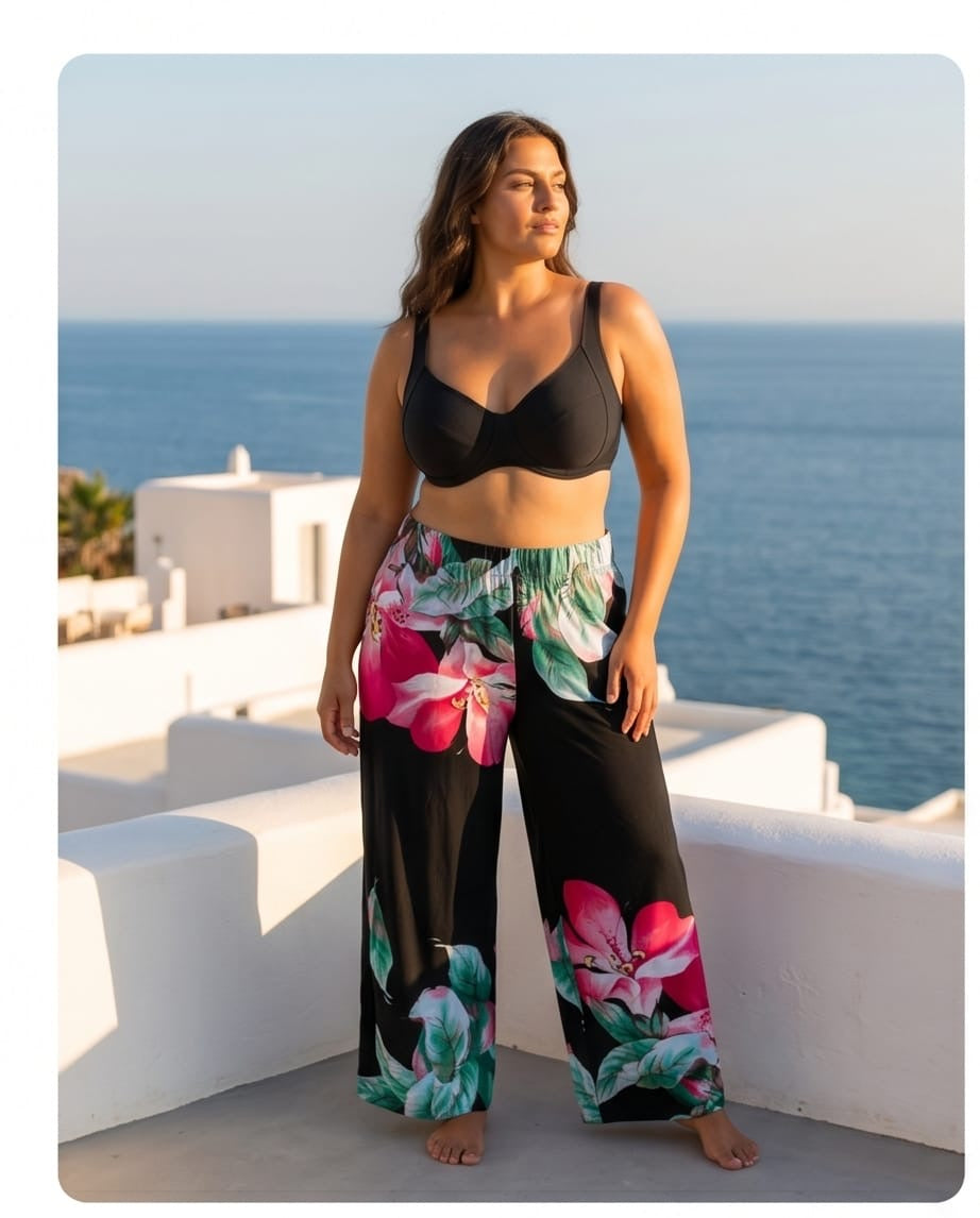 מכנס חוף פריחה שחורה