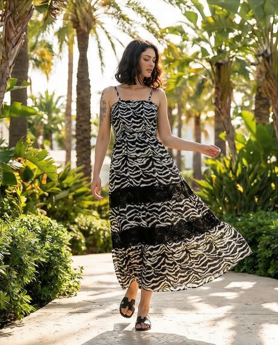 שמלה מקסי דגם זנזיבר-  100% ויסקוזה מודפס דגם זנזיבר מידות 36-42