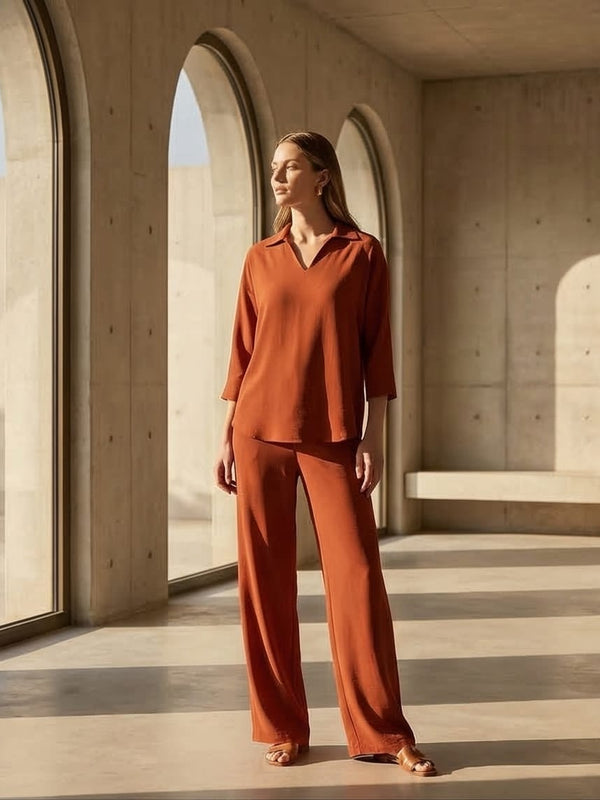 מכנס עם גומי בשילוב ויסקוזה ופשתן צבע קינמון