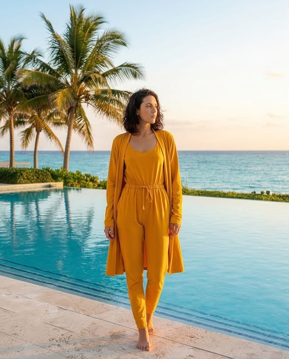 מחיר מיוחד למלאי אחרון. סט ריזורט שני חלקים – אוברול וקרדיגן מידות 36-38