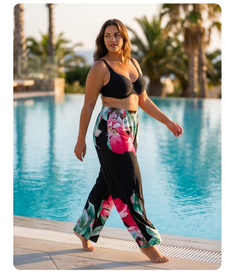 מכנס חוף פריחה שחורה