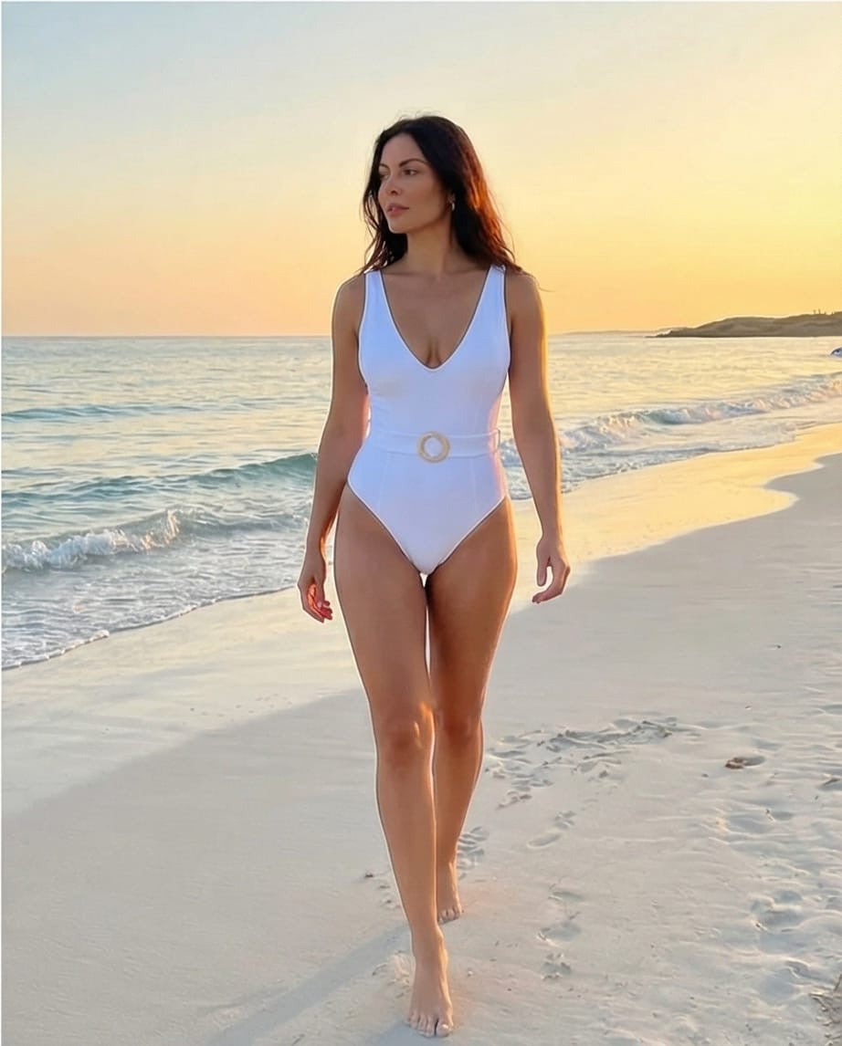 בגד ים שלם דגם ויקטוריה בשילוב אבזם בוהמי צבע לבן