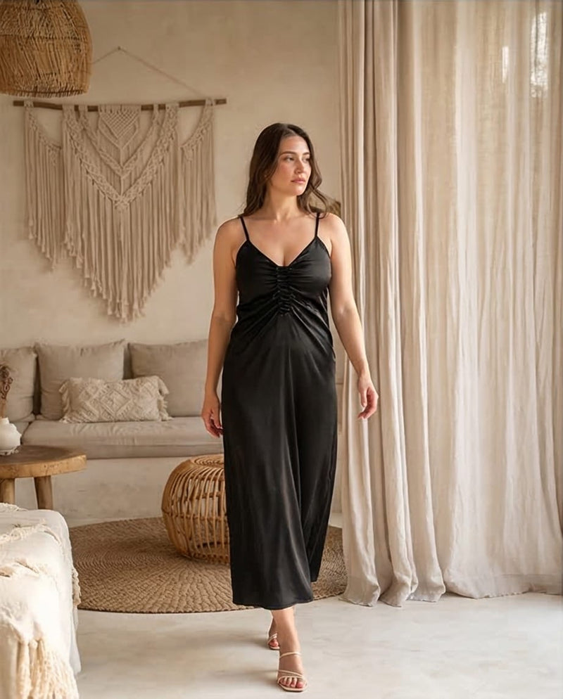 דגם סופיה -שמלת מקסי ויסקוזה משי עם כיווצים מחמיאים