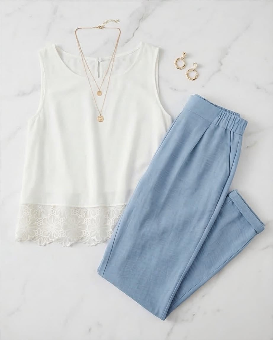 גופייה קלילה עם סיומת תחרה צרפתית